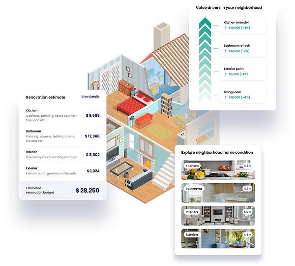 A house illustration with UX UI elements that use AI to recommend renovations