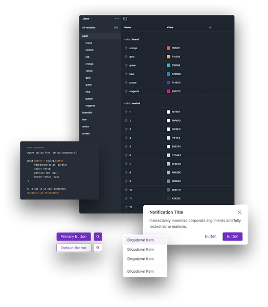 Design tokens and design system interface