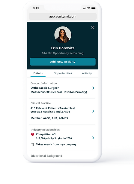 AcuityMD Mobile App UI Mockup of a Physician Profile & Opportunity