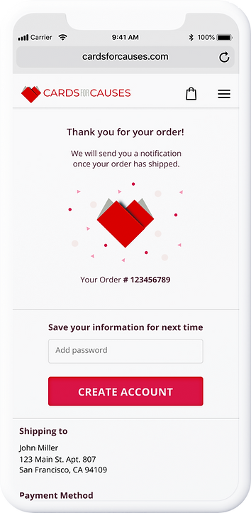 The Cards for Causes checkout confirmation user interface design.