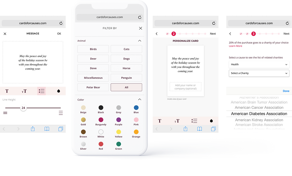 Cards for Causes greeting card personalization user flow.