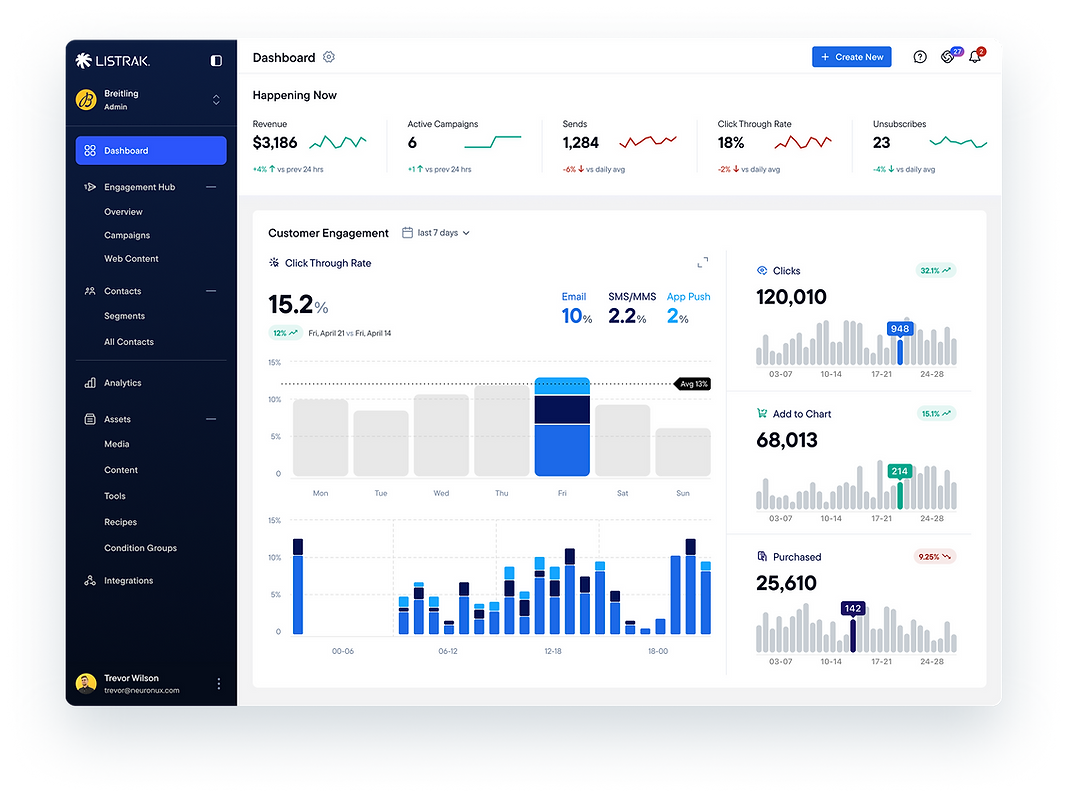 A UX/UI mockup of the Dashboard showing insights like Customer Engagement, Click Through Rate, and Revenue