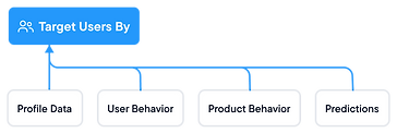 Flow diagram that shows how users can be targeted by Profile Data, User Behavior, Product Behavior, and Predictions 