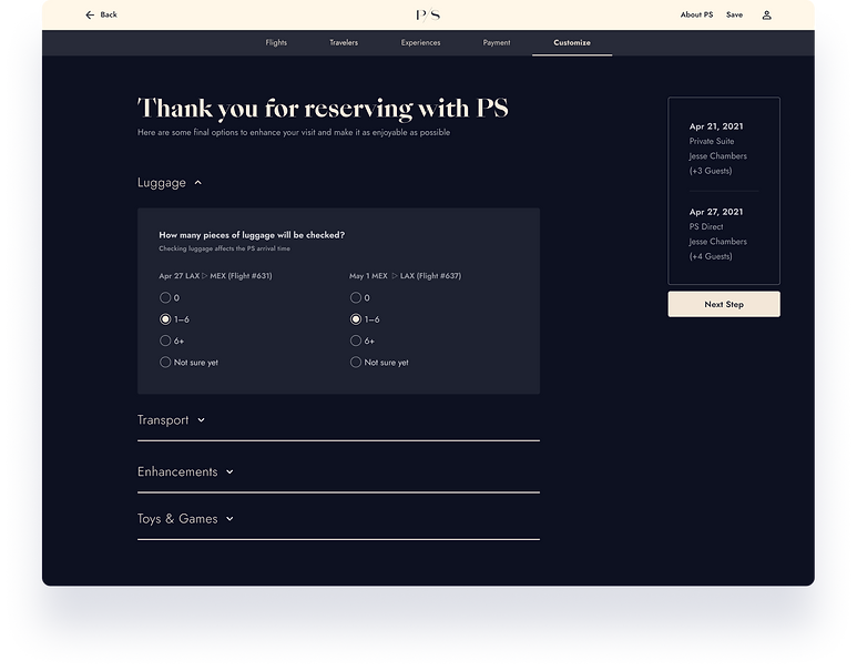 PS UX UI Design Reservation Flow Step 5 - Customization