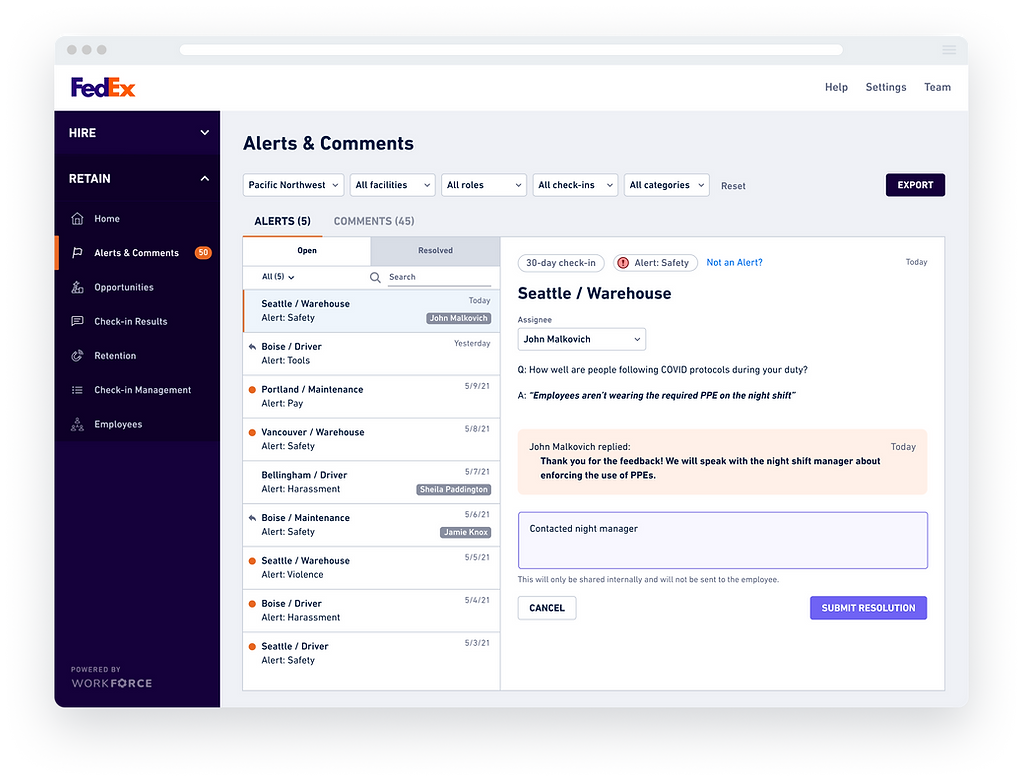 Workforce UX UI Design Web Alerts Analytics